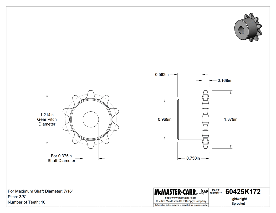 Technical Drawing of Plastic Sprocket, for Single-Strand ANSI 35 Roller Chain, 10 Teeth.